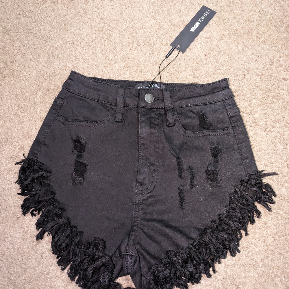 Black Distressed Fringe Shorts